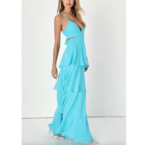 Lulus NWOT Tier and Now Blue Sash Tie-Back Tiered Plunging Cut-Out Maxi Dress - Picture 3 of 12